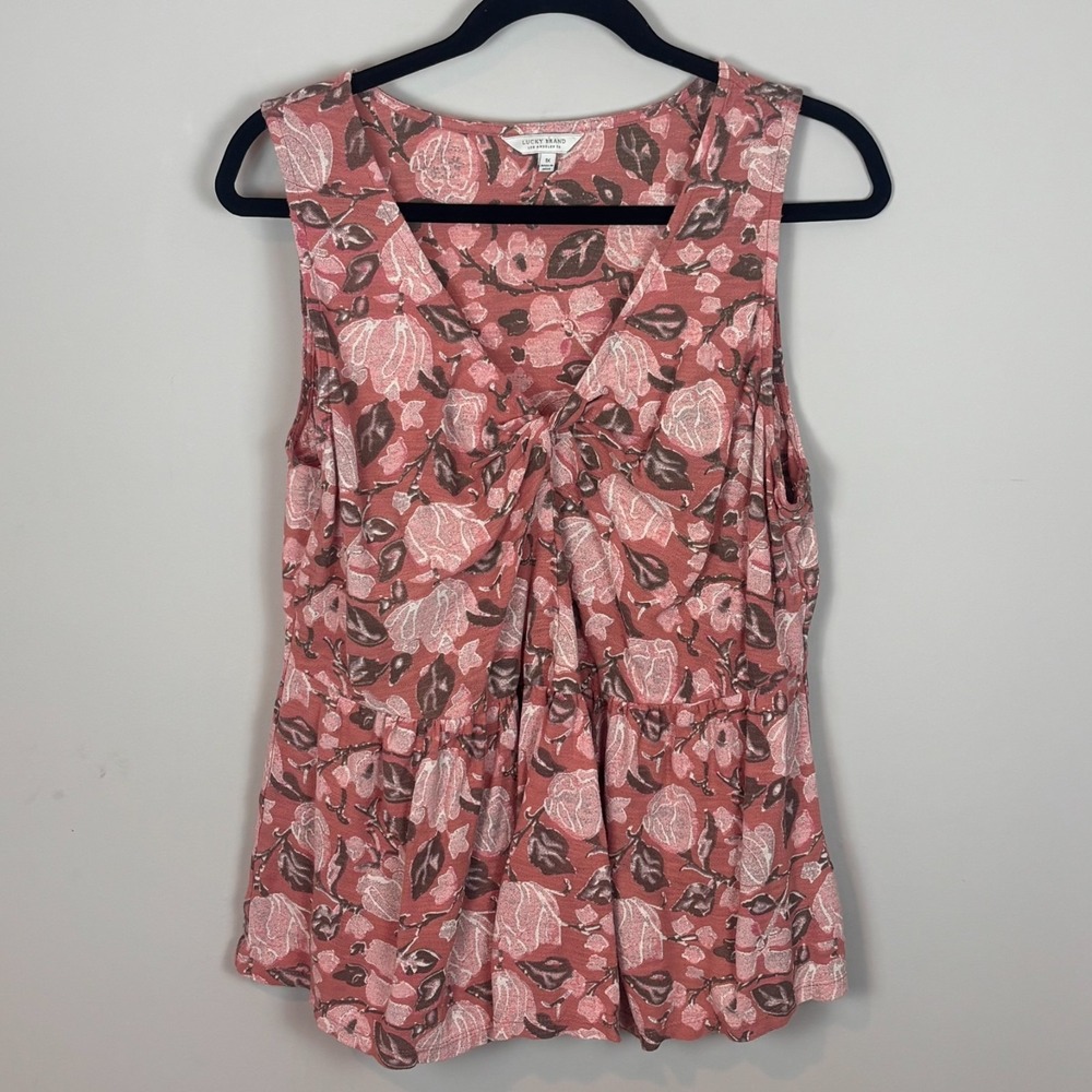 Lucky Brand Womens Pink Floral Front Knot Peplum Cotton Sleeveless Top SZ 1X